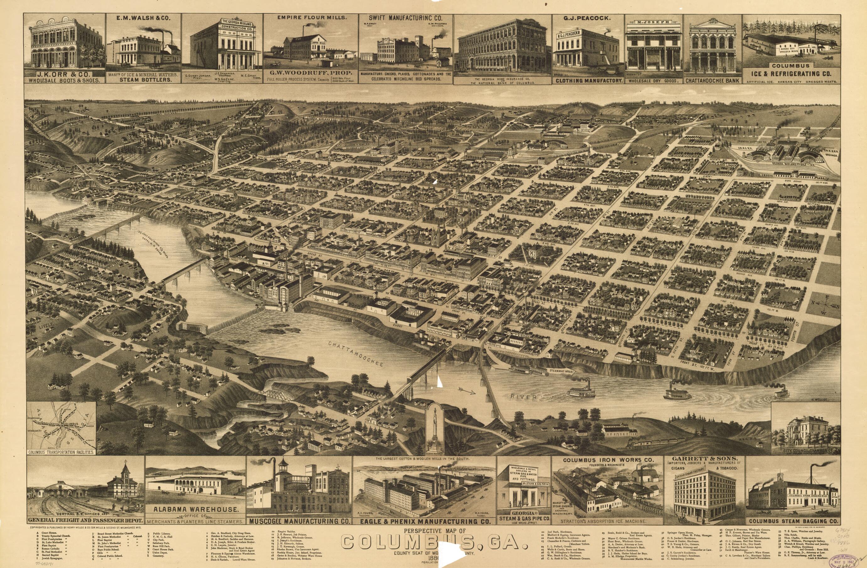 This old map of Perspective Map of Columbus, Georgia, County Seat of Muscogee County, from 1886 from 1886 was created by  Beck &amp; Pauli,  Henry Wellge &amp; Co, H. (Henry) Wellge in 1886