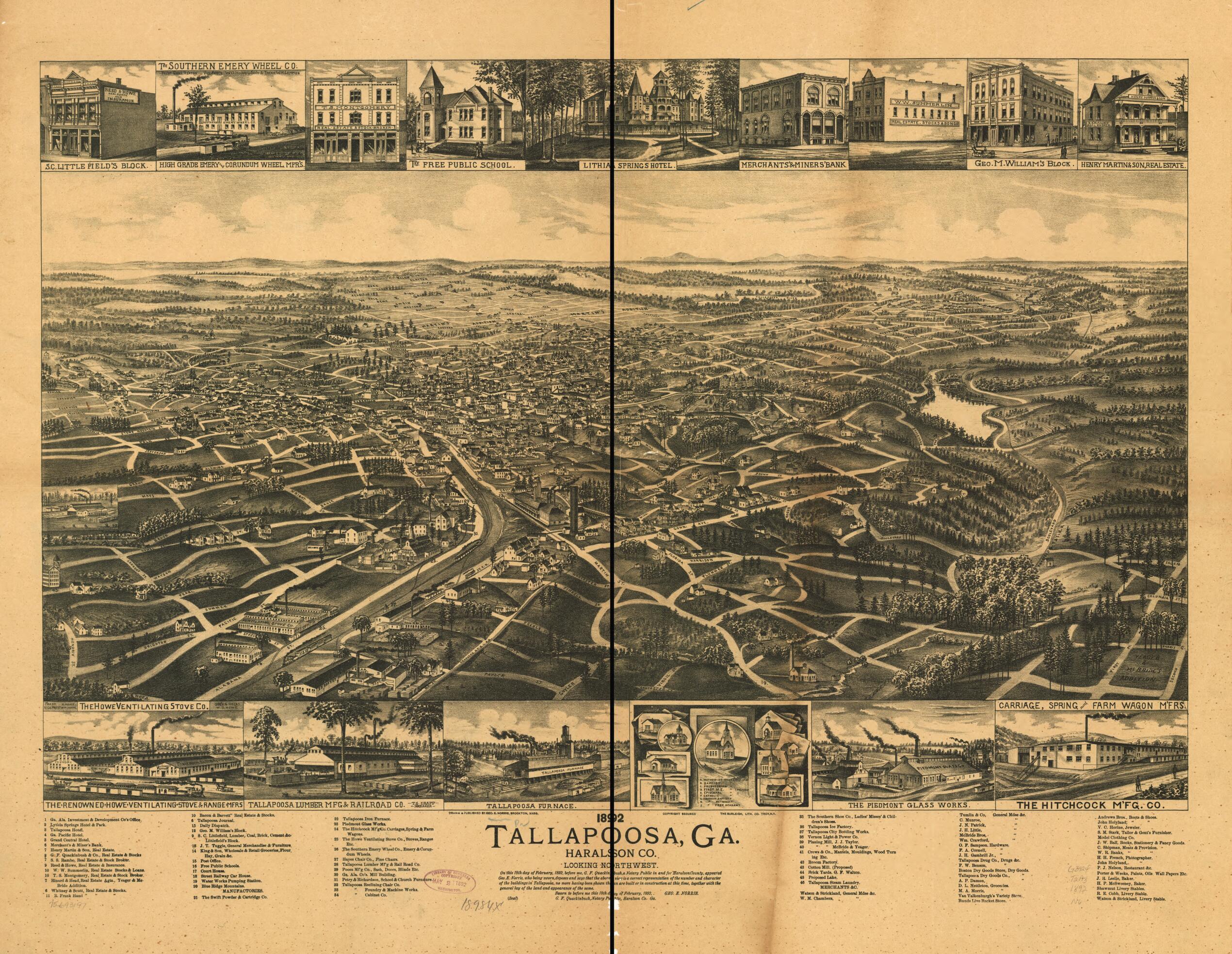 This old map of Tallapoosa, Georgia Haralson Co from 1892 was created by  Burleigh Litho, George E. Norris in 1892