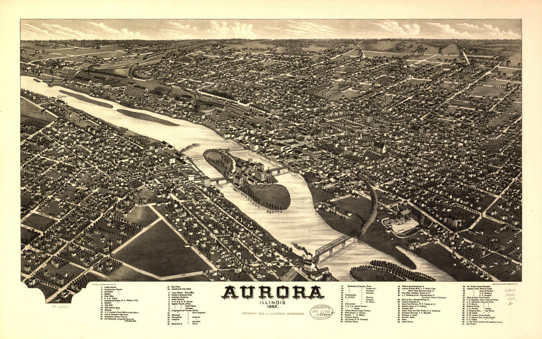 This old map of Aurora, Illinois from 1882 was created by  Beck &amp; Pauli, H. Brosius, J. J. Stoner in 1882