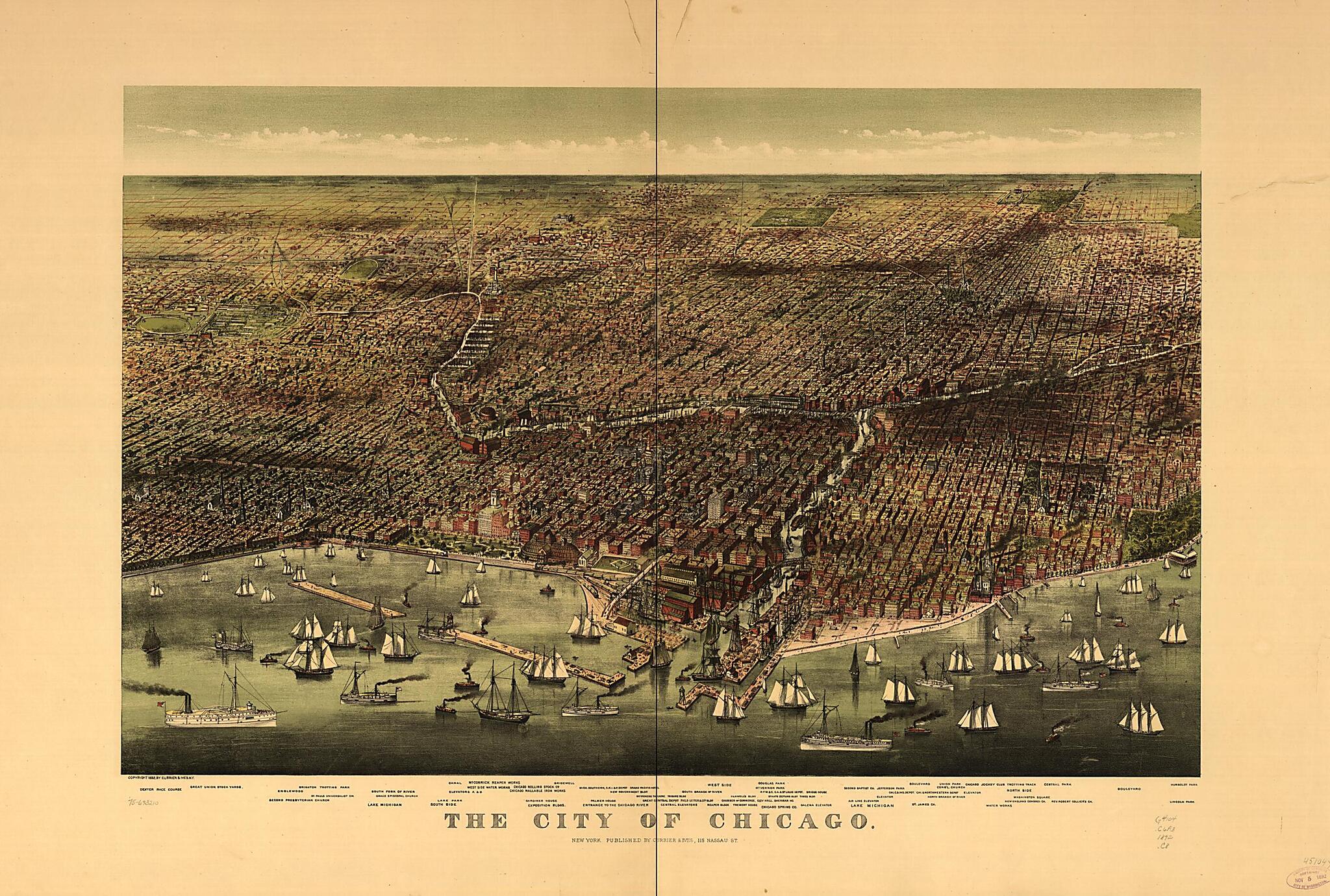 This old map of The City of Chicago from 1892 was created by  Currier &amp; Ives in 1892