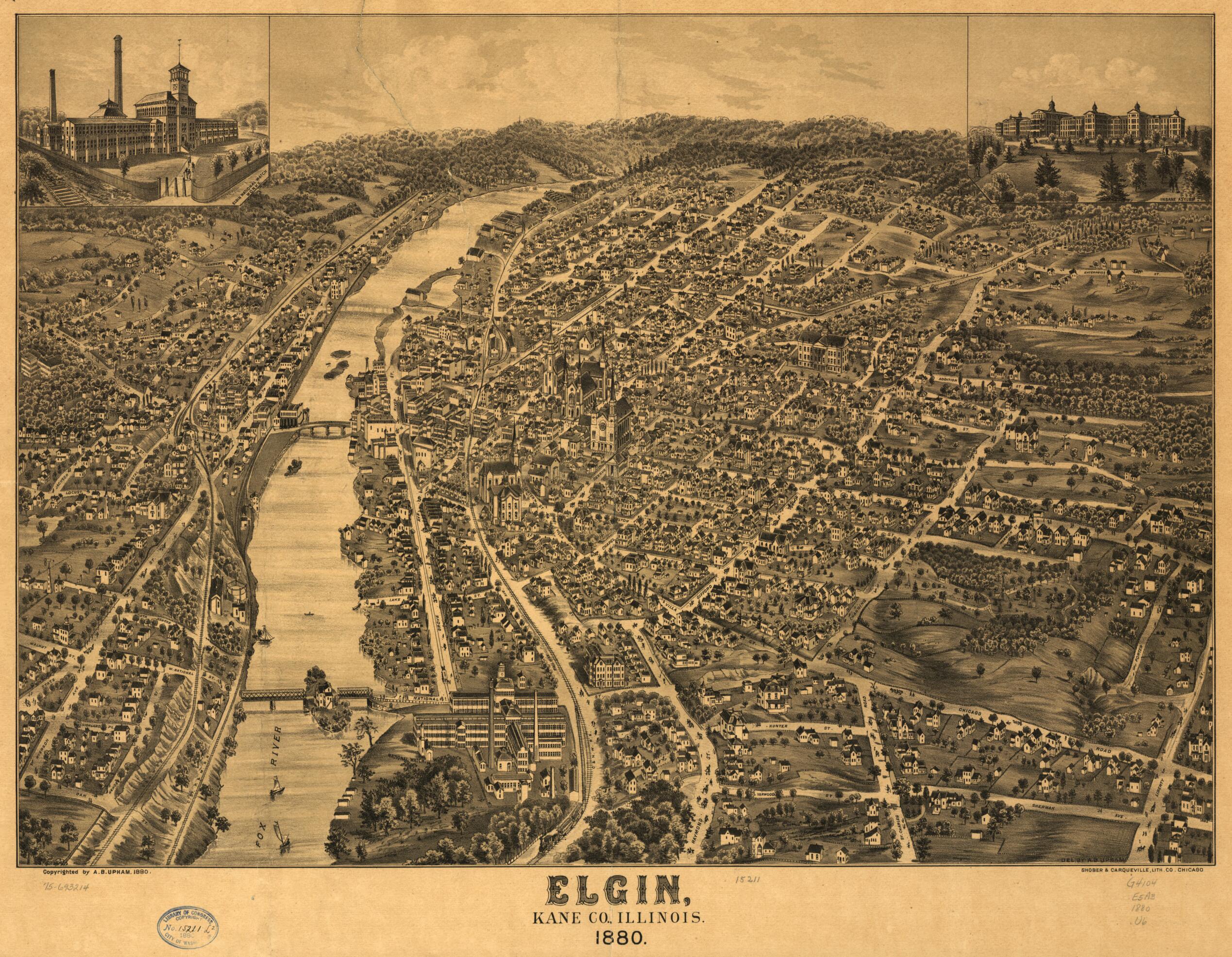This old map of Elgin, Kane County, Illinois from 1880 was created by  Shober &amp; Carqueville, A. B. Upham in 1880