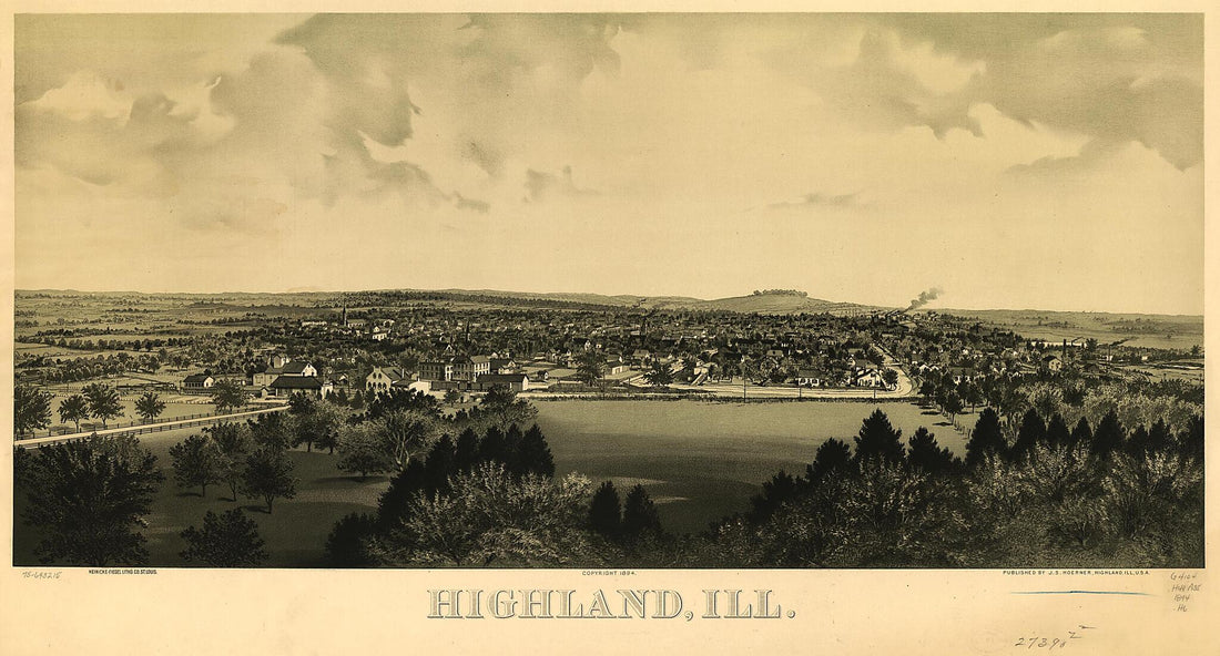 This old map of Highland, Ill from 1894 was created by  Fiegel Litho. Co, John Simon Hoerner in 1894