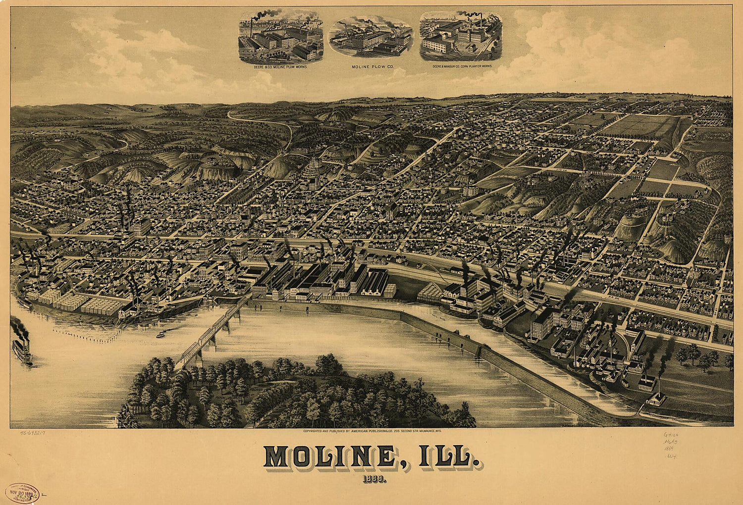 This old map of Moline, Ill. from 1889 was created by Wis.) American Publishing Co. (Milwaukee, H. (Henry) Wellge in 1889