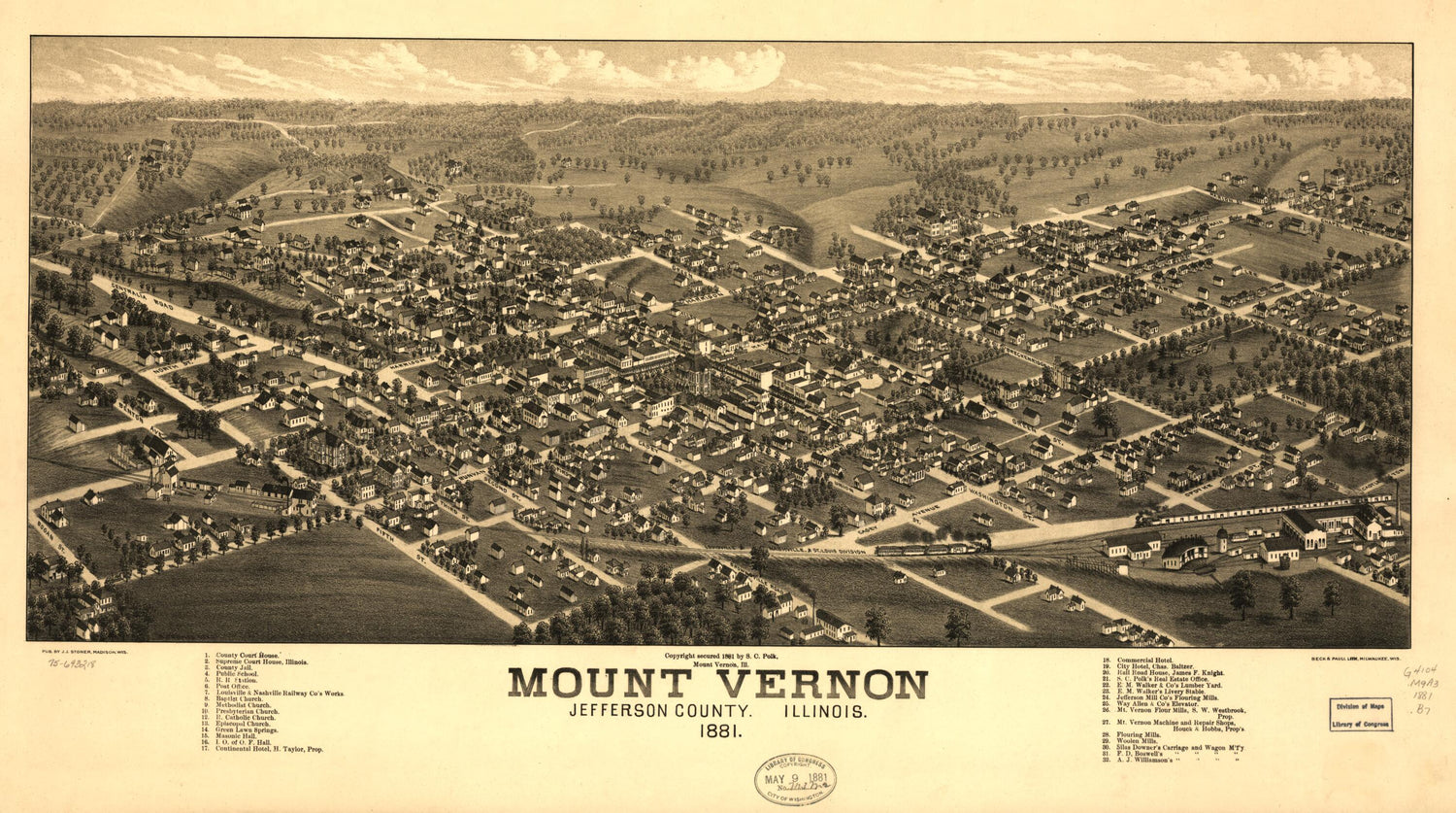 This old map of Mount Vernon, Jefferson County, Illinois from 1881 was created by  Beck &amp; Pauli, H. Brosius, S. C. Polk, J. J. Stoner in 1881