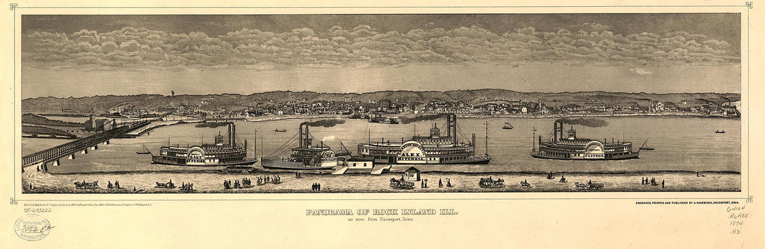 This old map of Panorama of Rock Island, Ill. As Seen from Davenport, Iowa from 1874 was created by August Hageboeck in 1874