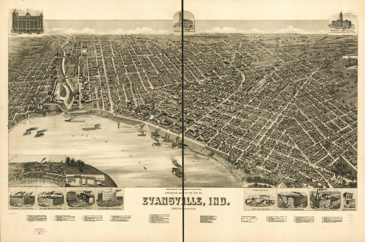 Perspective Map of the City of Evansville, Indiana 1888 by Relic Map Company
