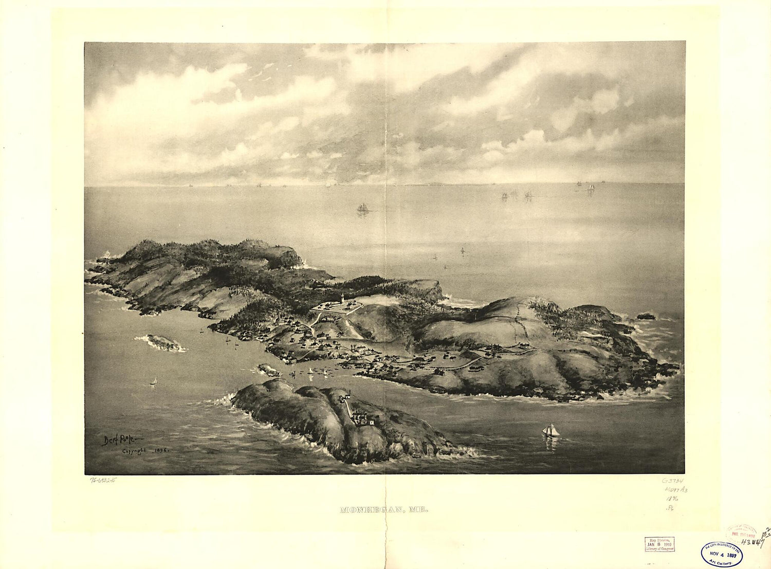 This old map of Monhegan, Maine from 1896 was created by A. F. Poole in 1896