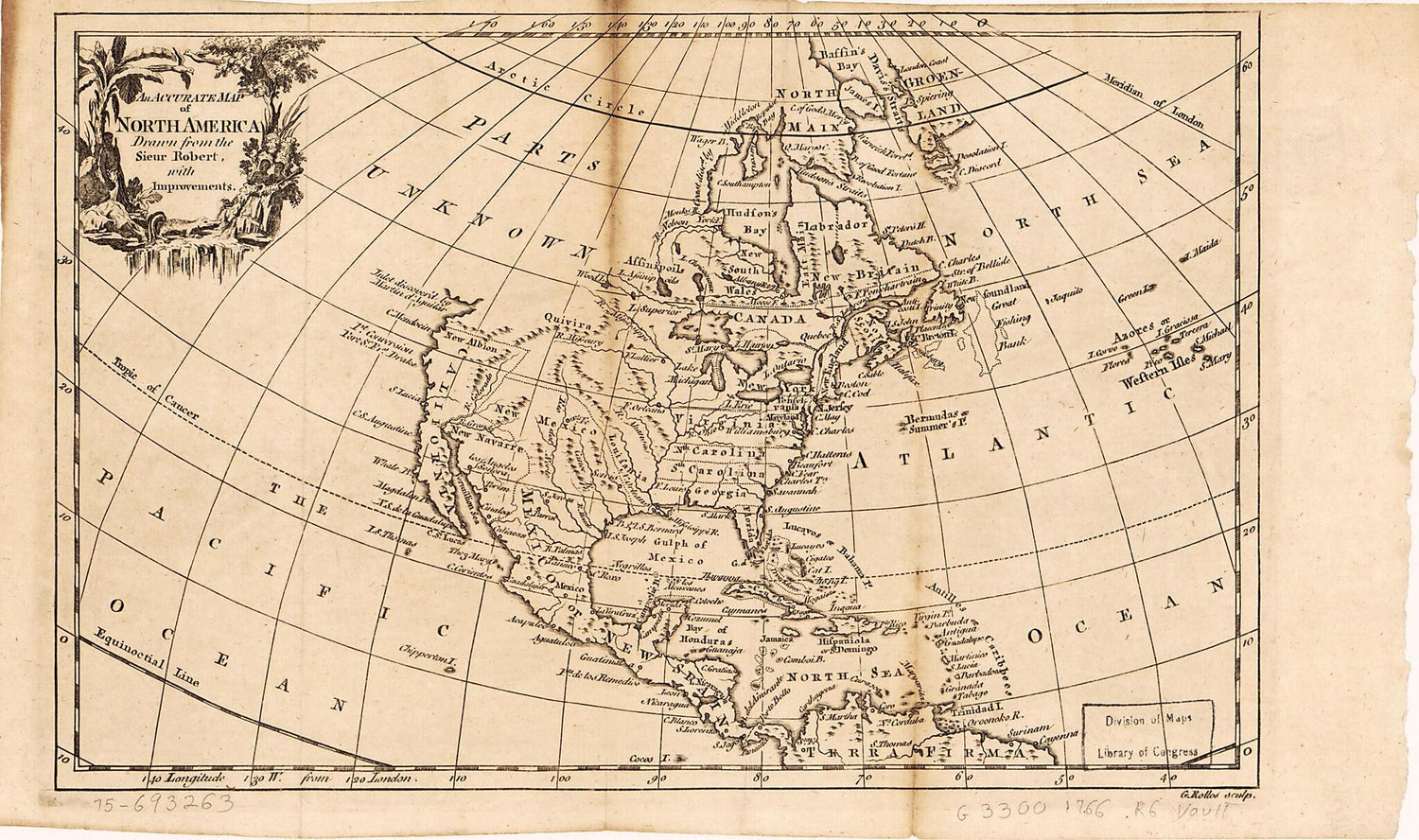 This old map of An Accurate Map of North America from 1766 was created by Gilles Robert De Vaugondy, George Rollos in 1766