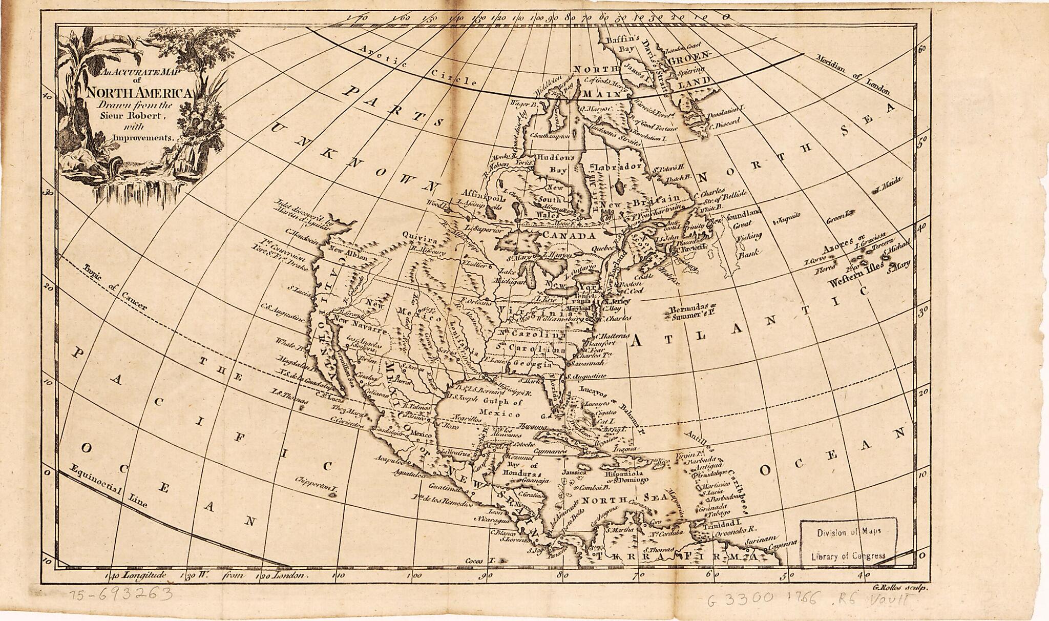 This old map of An Accurate Map of North America from 1766 was created by Gilles Robert De Vaugondy, George Rollos in 1766
