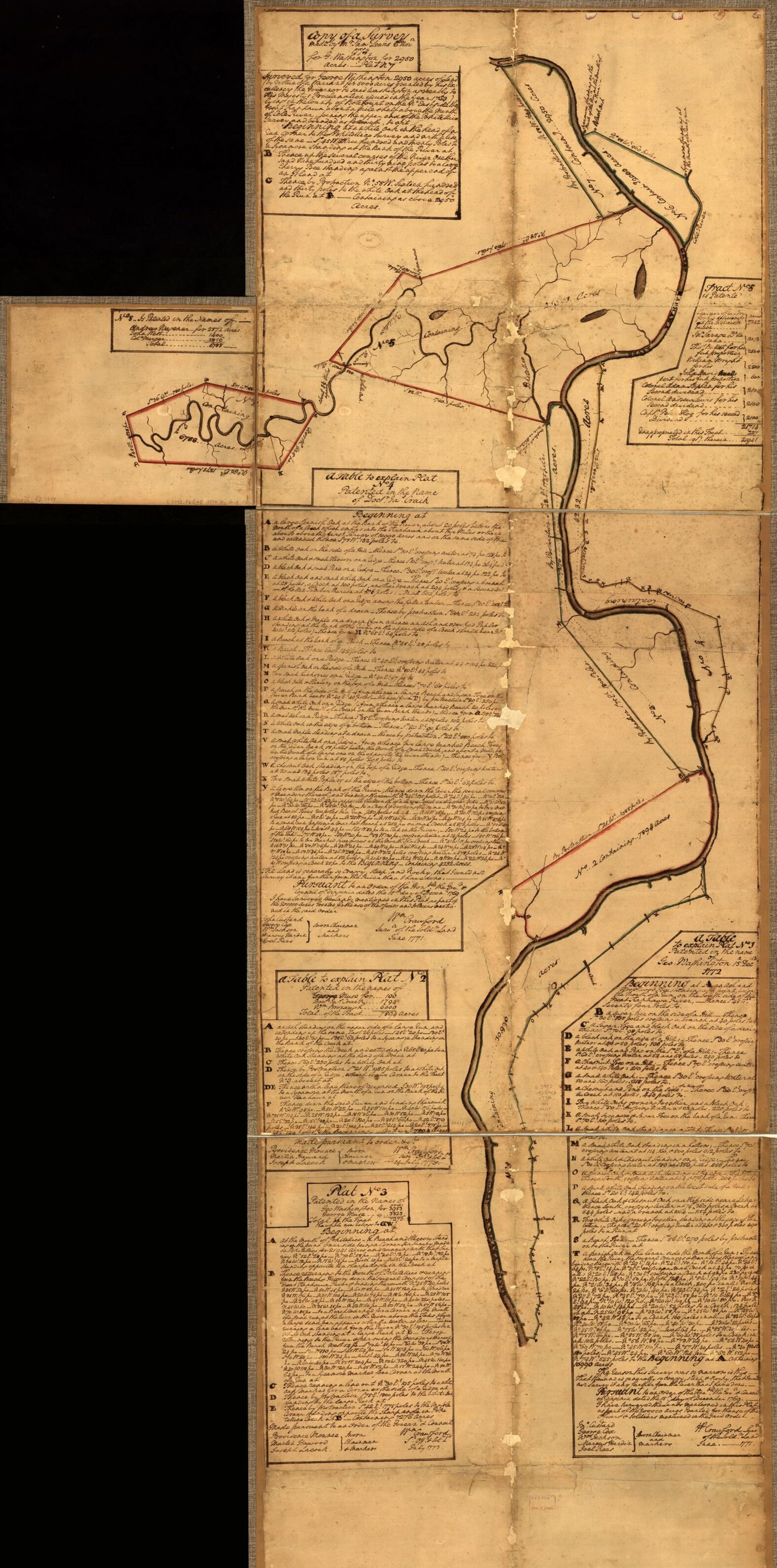This old map of Eight Survey Tracts Along the Kanawha River, W.Va. Showing Land Granted to George Washington and Others from 1774 was created by William Crawford, Samuel Lewis, George Washington in 1774