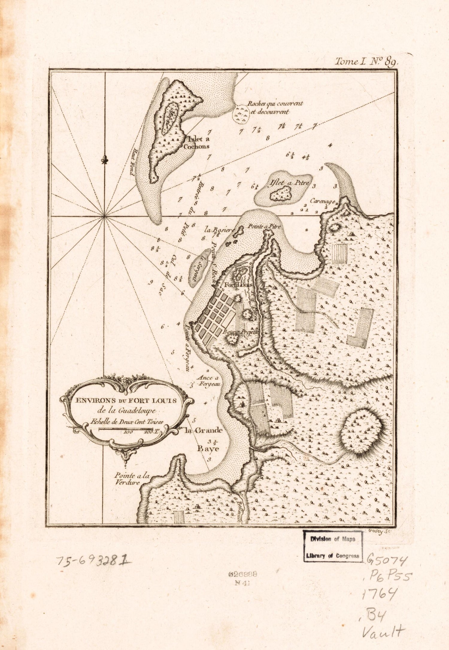 This old map of Environs Du Fort Louis De La Guadeloupe from 1764 was created by Jacques Nicolas] [Bellin, P. Croisey in 1764