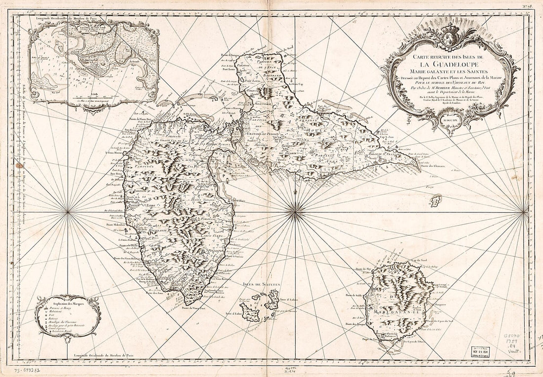 This old map of Carte Réduite Des Isles De La Guadeloupe, Marie Galante, Et Les Saintes from 1759 was created by Jacques Nicolas Bellin,  France. Dépôt Des Cartes Et Plans De La Marine in 1759