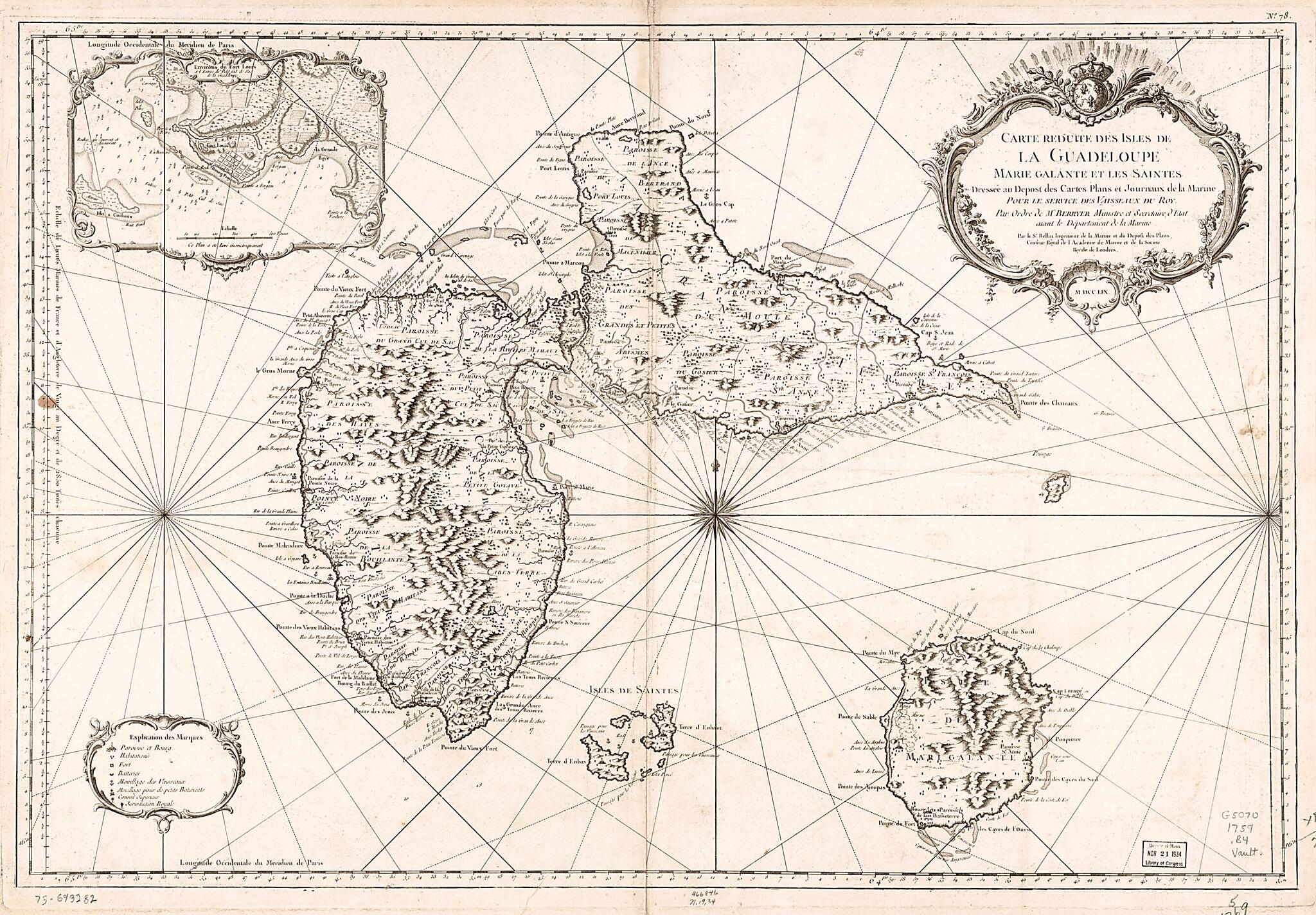 This old map of Carte Réduite Des Isles De La Guadeloupe, Marie Galante, Et Les Saintes from 1759 was created by Jacques Nicolas Bellin,  France. Dépôt Des Cartes Et Plans De La Marine in 1759