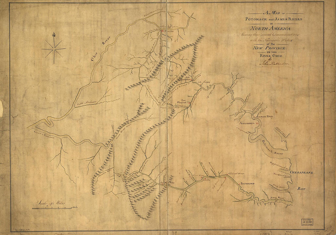 This old map of A Map of Potomack and James Rivers In North America Shewing Their Several Communications With the Navigable Waters of the New Province On the River Ohio from 1772 was created by John Ballendine in 1772
