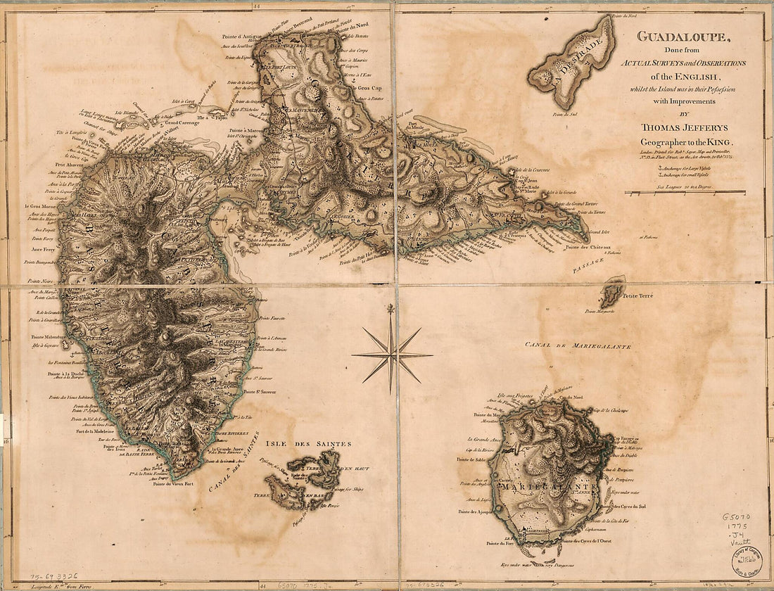 This old map of Guadaloupe, Done from Actual Surveys and Observations of the English, Whilst the Island Was In Their Possession from 1775 was created by Thomas Jefferys, Robert Sayer in 1775