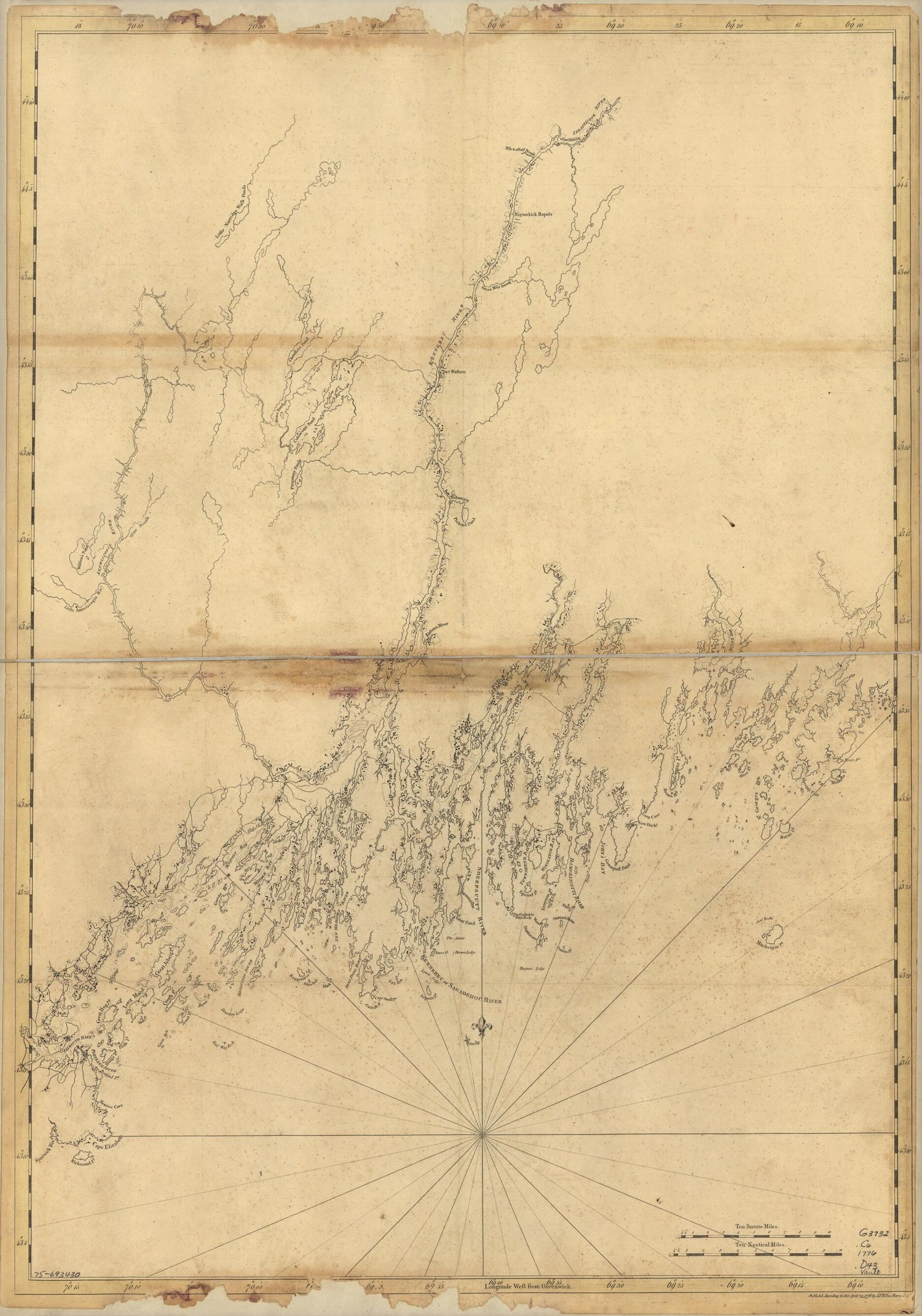 This old map of Coast of Maine from Mosquito Head to Spurwink River from 1776 was created by Joseph F. W. (Joseph Frederick Wallet) Des Barres in 1776