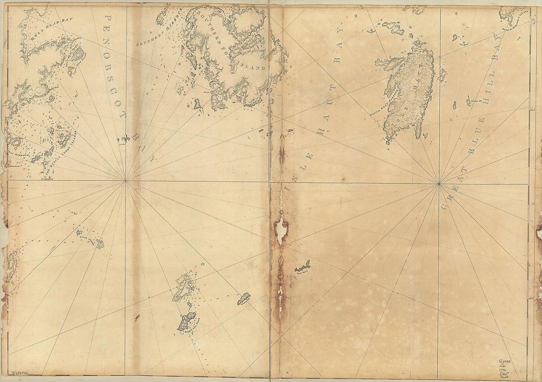 This old map of Coast of Maine Showing Entrances of Blue Hill Bay, Isle of Haut Bay, and Penobscot Bay, With Owls Head, Vinalhaven Island, Isle Au Haut, and Other Islands from 1776 was created by Joseph F. W. (Joseph Frederick Wallet) Des Barres in 1776