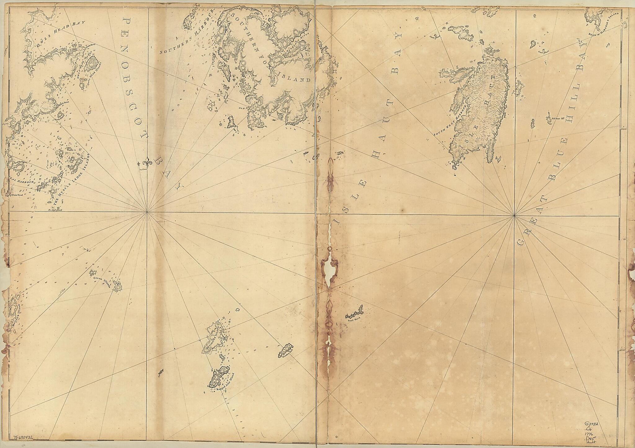 This old map of Coast of Maine Showing Entrances of Blue Hill Bay, Isle of Haut Bay, and Penobscot Bay, With Owls Head, Vinalhaven Island, Isle Au Haut, and Other Islands from 1776 was created by Joseph F. W. (Joseph Frederick Wallet) Des Barres in 1776