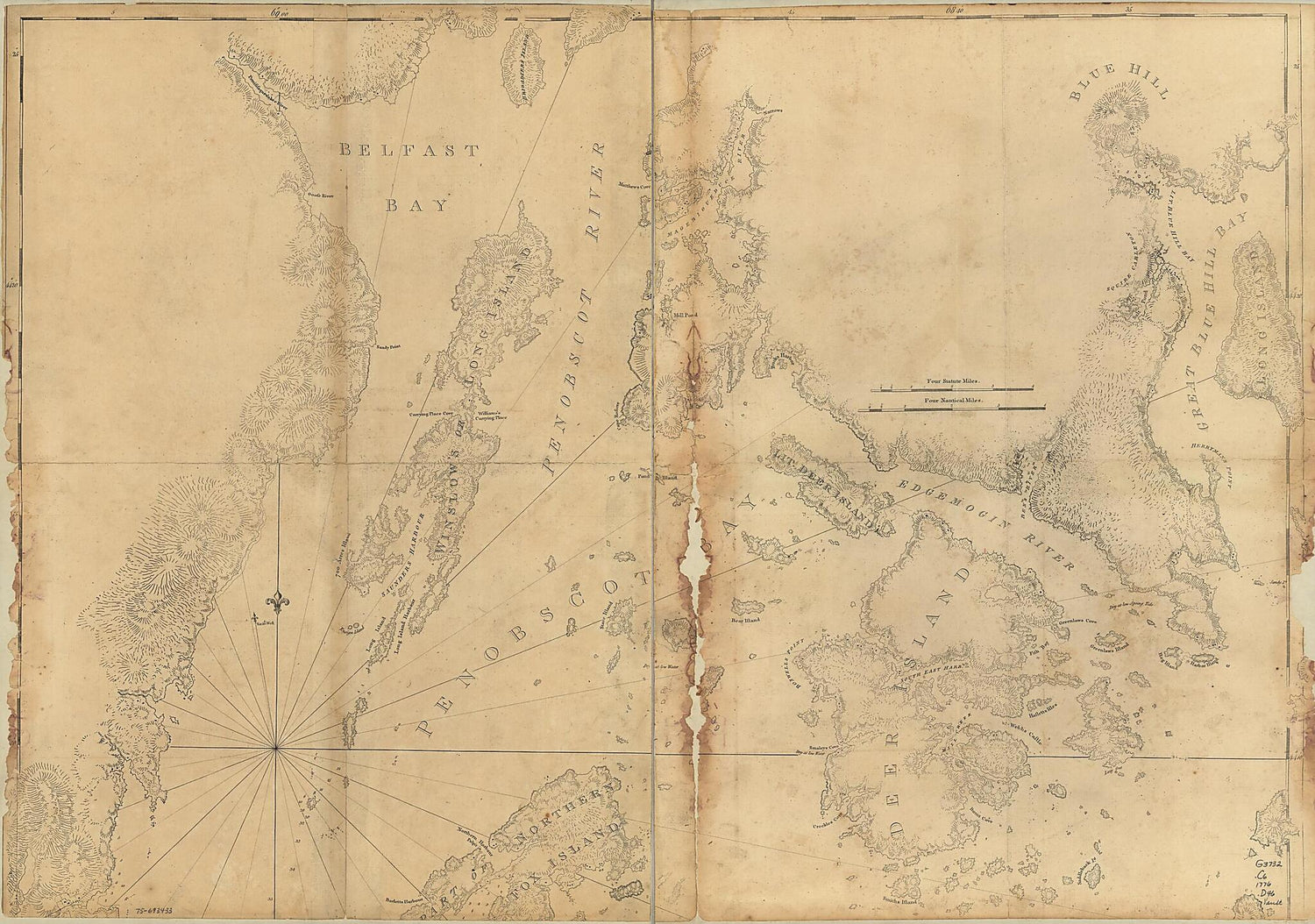 This old map of Coast of Maine Showing Blue Hill Bay, Penobscot Bay, Belfast Bay, Islesboro Island, Deer Island, and Other Islands from 1776 was created by Joseph F. W. (Joseph Frederick Wallet) Des Barres in 1776