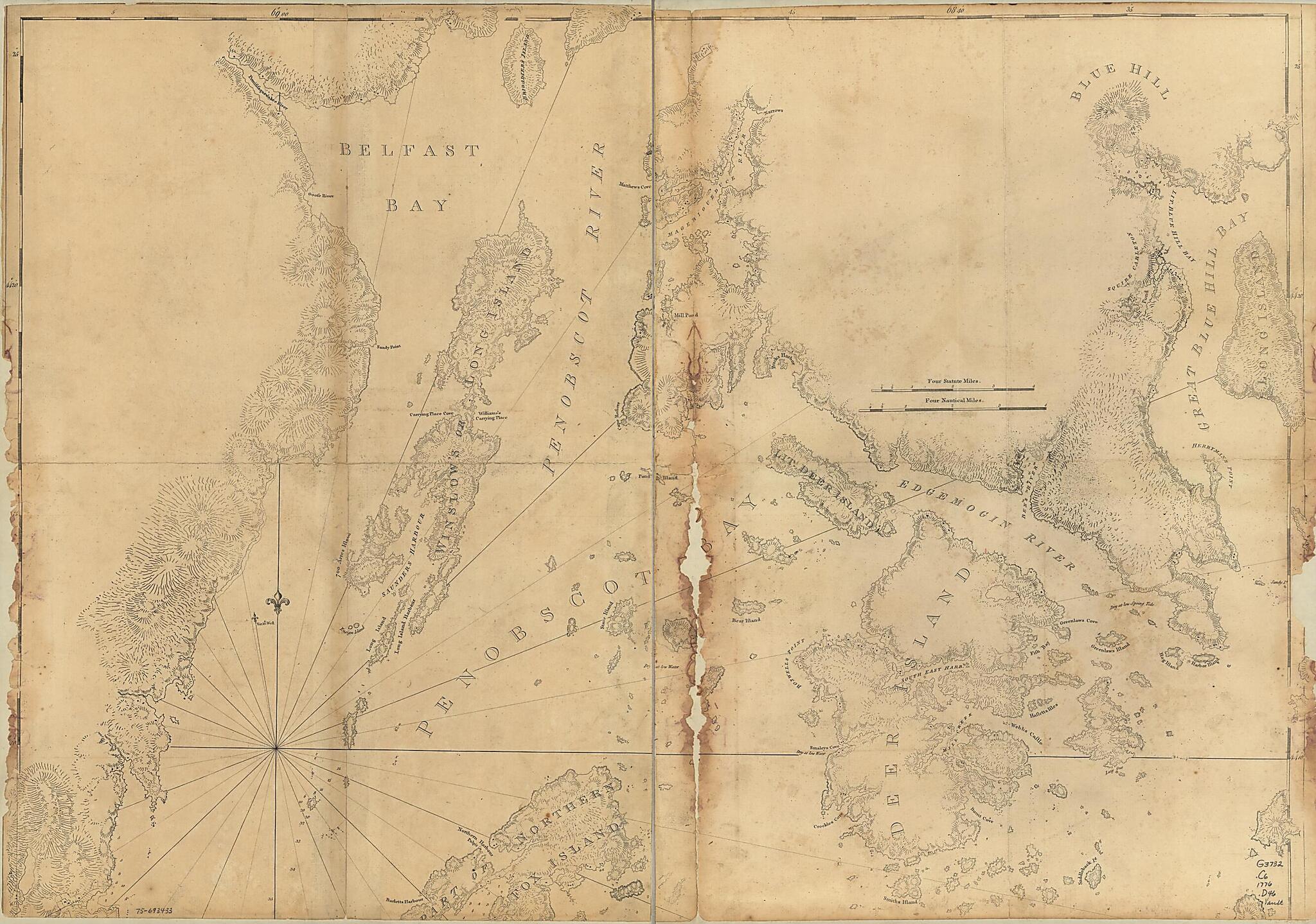 This old map of Coast of Maine Showing Blue Hill Bay, Penobscot Bay, Belfast Bay, Islesboro Island, Deer Island, and Other Islands from 1776 was created by Joseph F. W. (Joseph Frederick Wallet) Des Barres in 1776