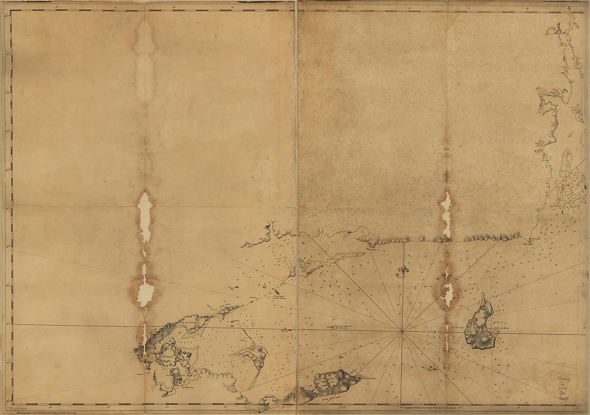 This old map of Coast of Rhode Island and Long Island from Narragansett Bay to Peconic Bay from 1779 was created by Joseph F. W. (Joseph Frederick Wallet) Des Barres in 1779