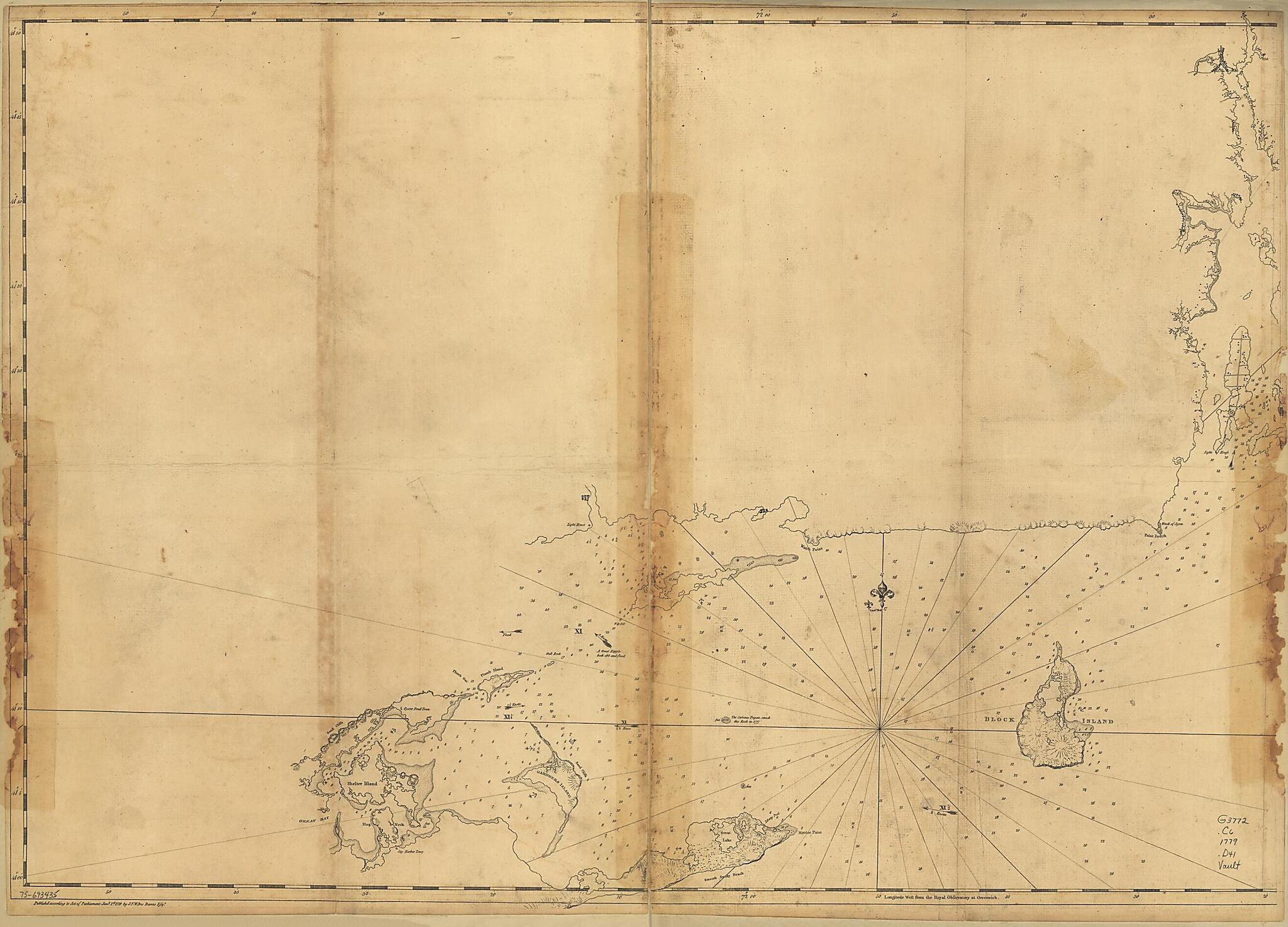 This old map of Coast of Rhode Island and Long Island from Narragansett Bay to Peconic Bay from 1779 was created by Joseph F. W. (Joseph Frederick Wallet) Des Barres in 1779