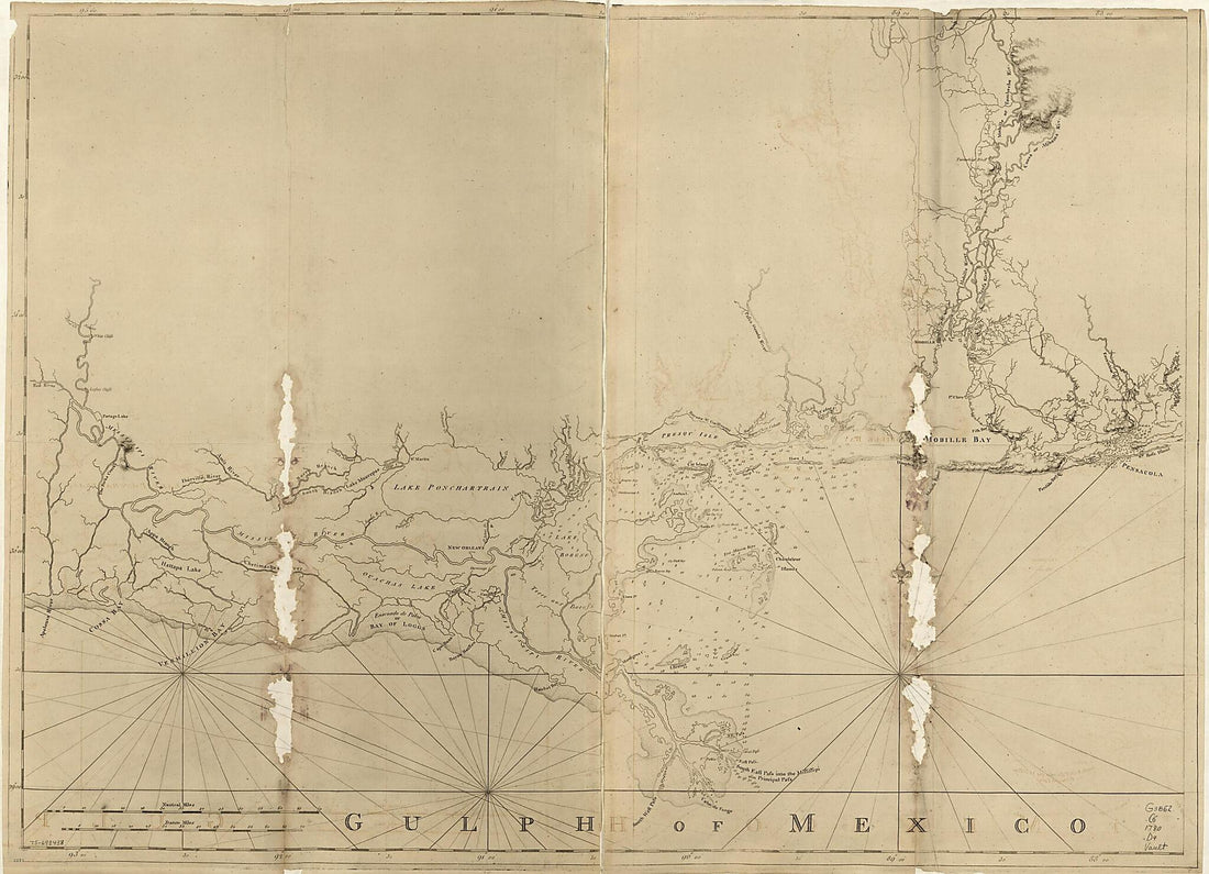 This old map of Chart of the Gulf Coast from Pensacola to Atchafalaya River from 1780 was created by Joseph F. W. (Joseph Frederick Wallet) Des Barres in 1780