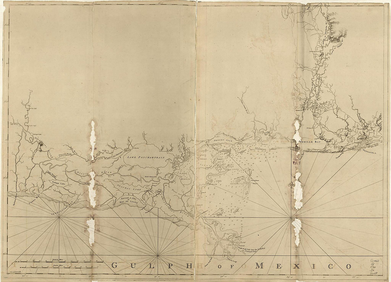 This old map of Chart of the Gulf Coast from Pensacola to Atchafalaya River from 1780 was created by Joseph F. W. (Joseph Frederick Wallet) Des Barres in 1780