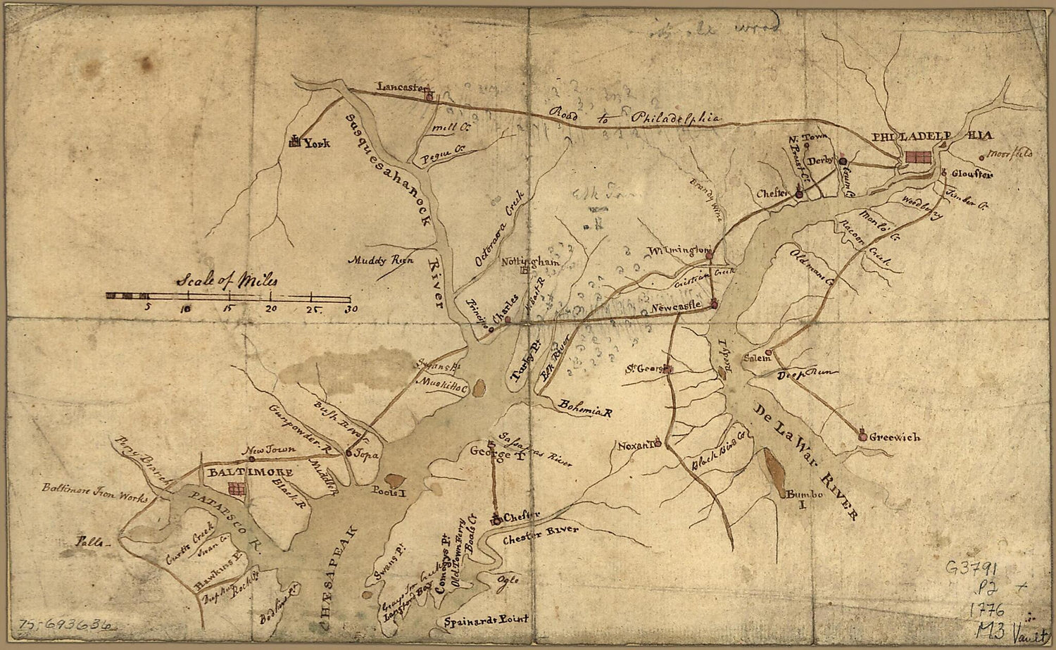 This old map of Map of the Country Between and Bordering the Delaware River and Chesapeake Bay, Showing Roads to Philadelphia and Localities from 1776 was created by  in 1776