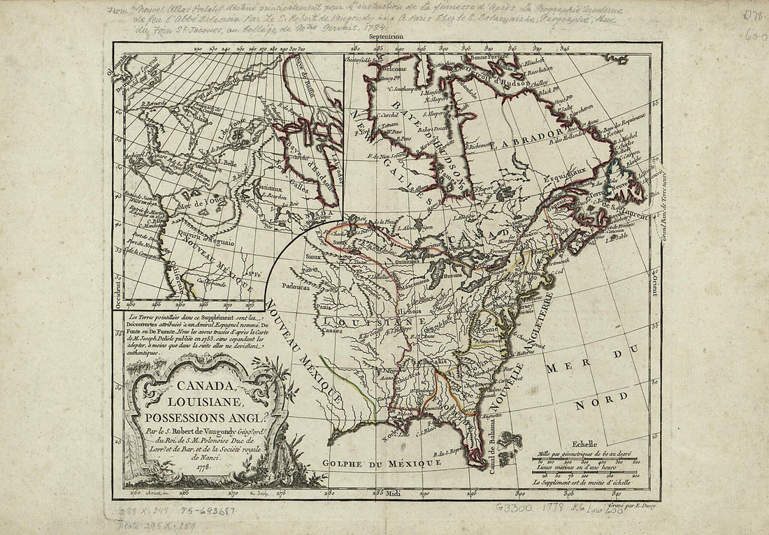 This old map of Canada, Louisiane, Possessions Angl? from 1778 was created by E. Dussy, Gilles Robert De Vaugondy in 1778