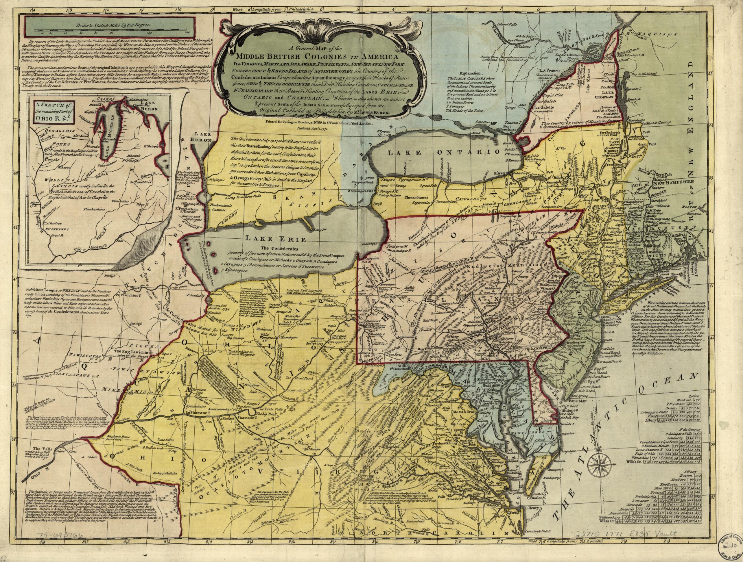 This old map of Jersey, New York, Connecticut &amp; Rhode-Island: of Aquanishuonigy the Country of the Confederate Indians Comprehending Aquanishuonigy Proper, Their Places of Residence, Ohio &amp; Thuchsochruntie Their Deer Hunting Countries, Couchsachrage &amp; Sk