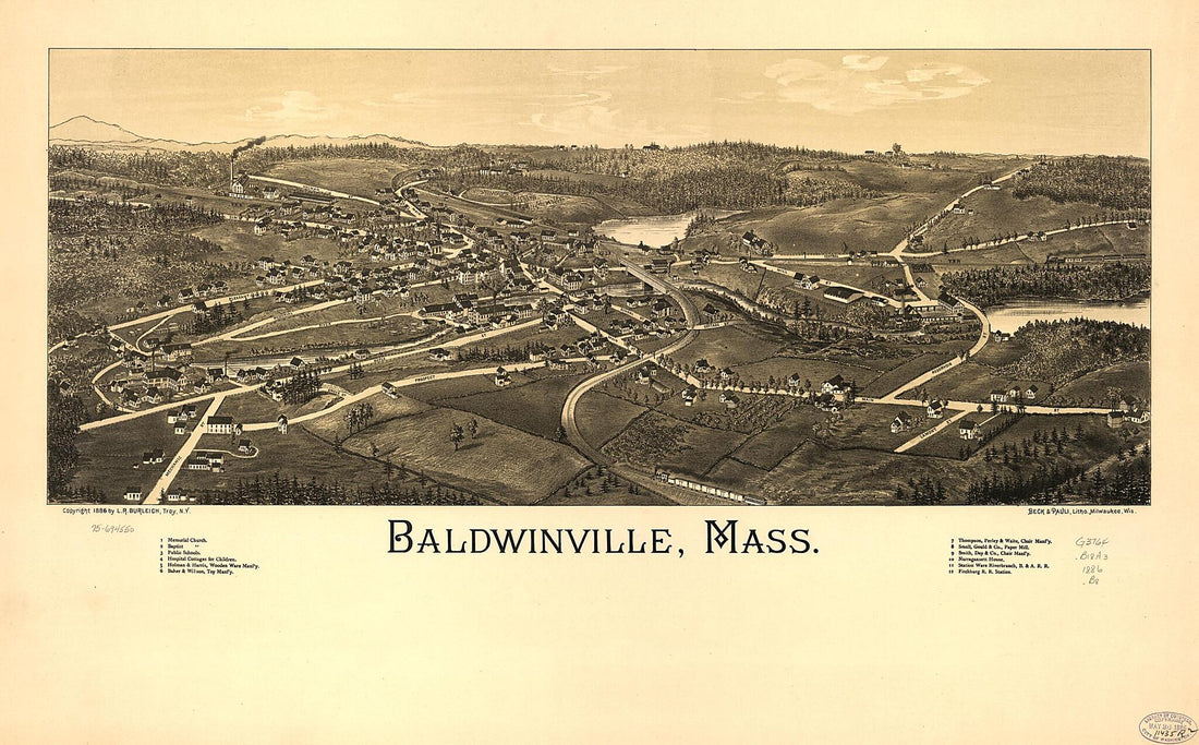 This old map of Baldwinville, Massachusetts from 1886 was created by  Beck &amp; Pauli, L. R. (Lucien R.) Burleigh in 1886