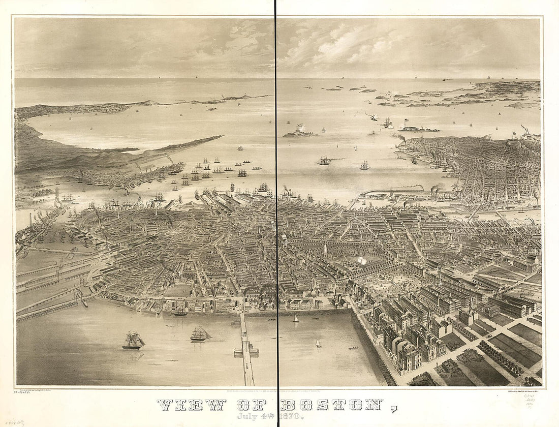 This old map of View of Boston, July 4th from 1870 was created by F. Fuchs,  New England Lith. Co, John Weik in 1870