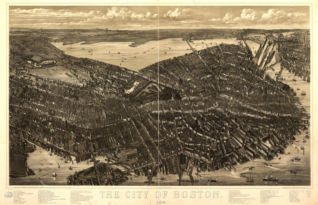 This old map of The City of Boston 1879 from 1877 was created by Mass.) Armstrong & Co. (Boston, O. H. (Oakley Hoopes) Bailey, J. C. Hazen, Mass.) Riverside Press (Cambridge in 1877