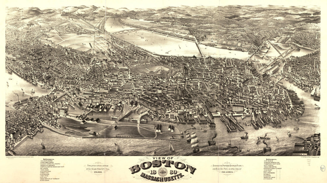 This old map of View of Boston, Massachusetts from 1880 was created by  Beck & Pauli,  H.H. Rowley & Co in 1880