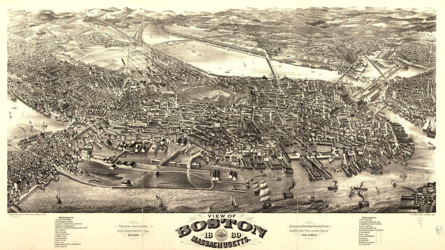 This old map of View of Boston, Massachusetts from 1880 was created by  Beck &amp; Pauli,  H.H. Rowley &amp; Co in 1880