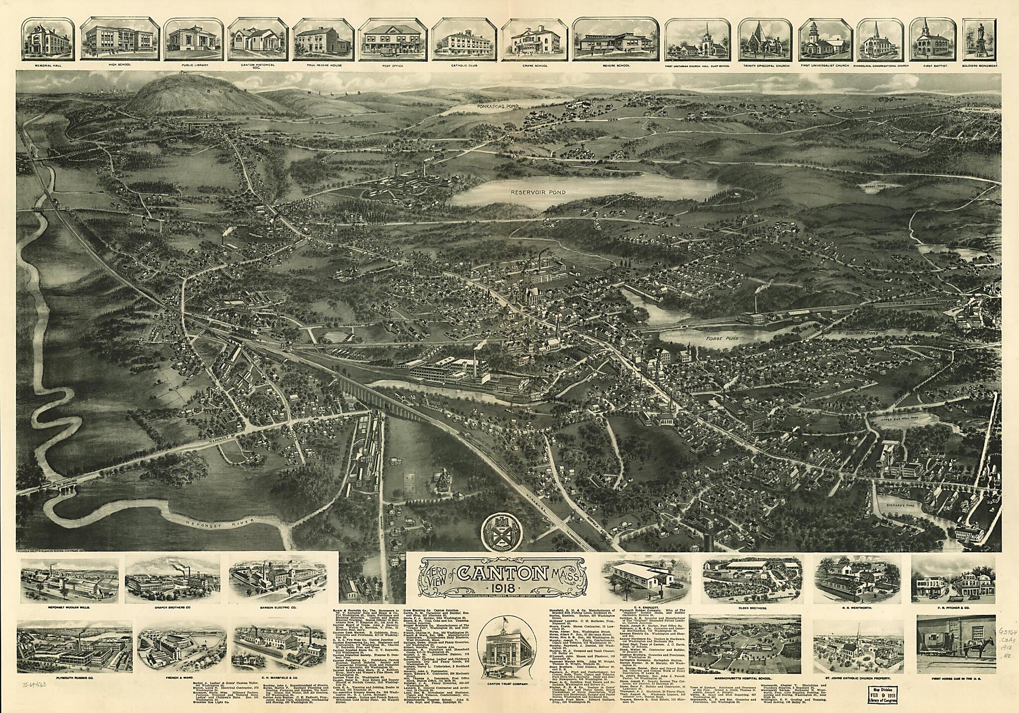 This old map of Aero View of Canton, Massachusetts from 1918 was created by  Hughes &amp; Bailey in 1918