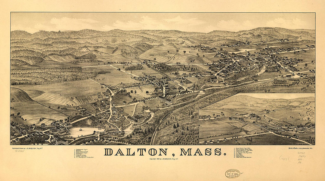 This old map of Dalton, Massachusetts from 1884 was created by  Beck &amp; Pauli, L. R. (Lucien R.) Burleigh in 1884