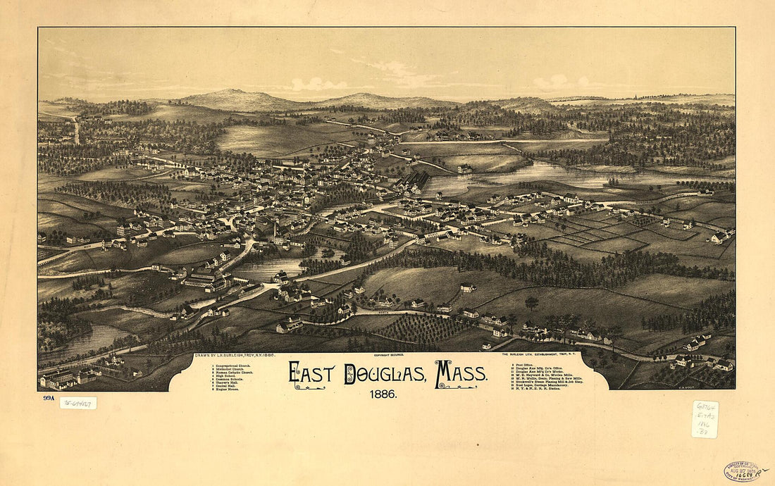 This old map of East Douglas, Massachusetts from 1886 was created by  Burleigh Litho, L. R. (Lucien R.) Burleigh,  C.H. Vogt (Firm) in 1886