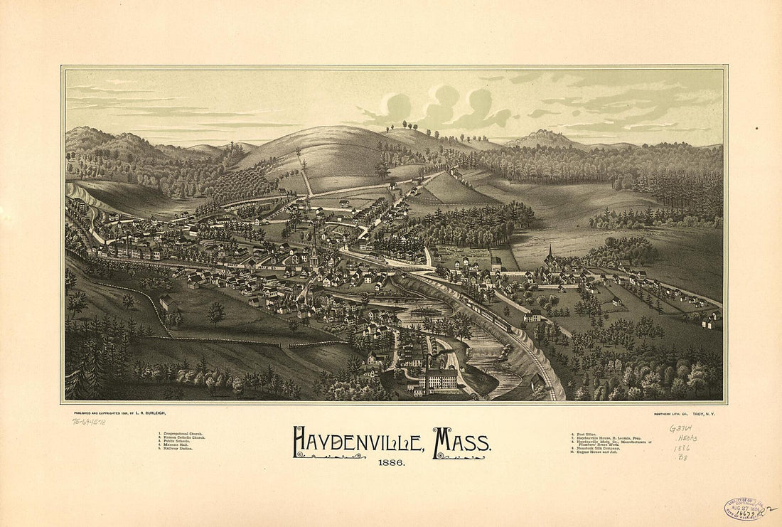 This old map of Haydenville, Massachusetts from 1886 was created by L. R. (Lucien R.) Burleigh,  Northern Lith. Co in 1886