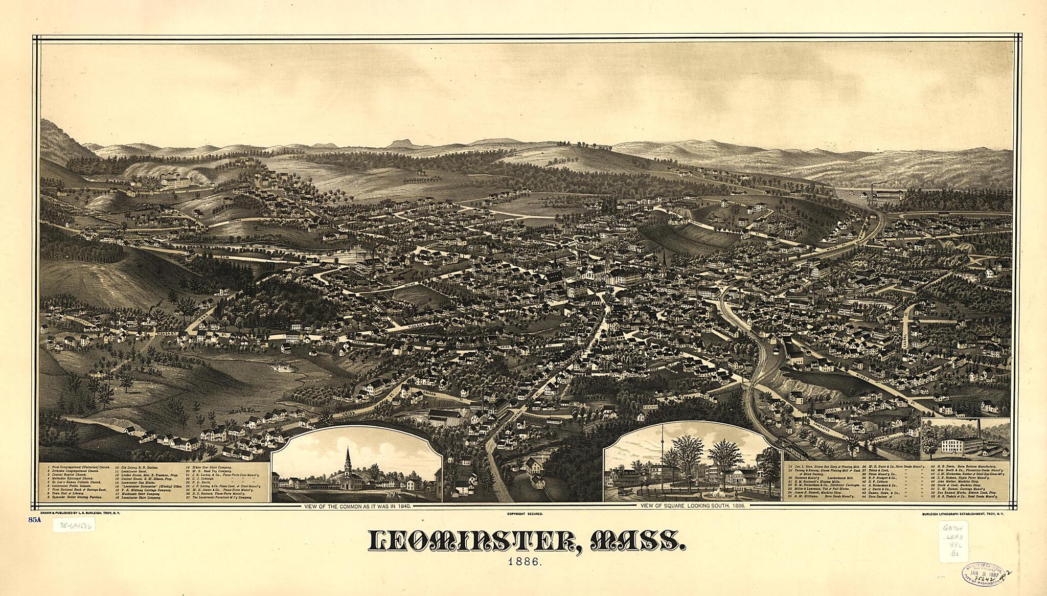 This old map of Leominster, Massachusetts from 1886 was created by  Burleigh Litho, L. R. (Lucien R.) Burleigh in 1886