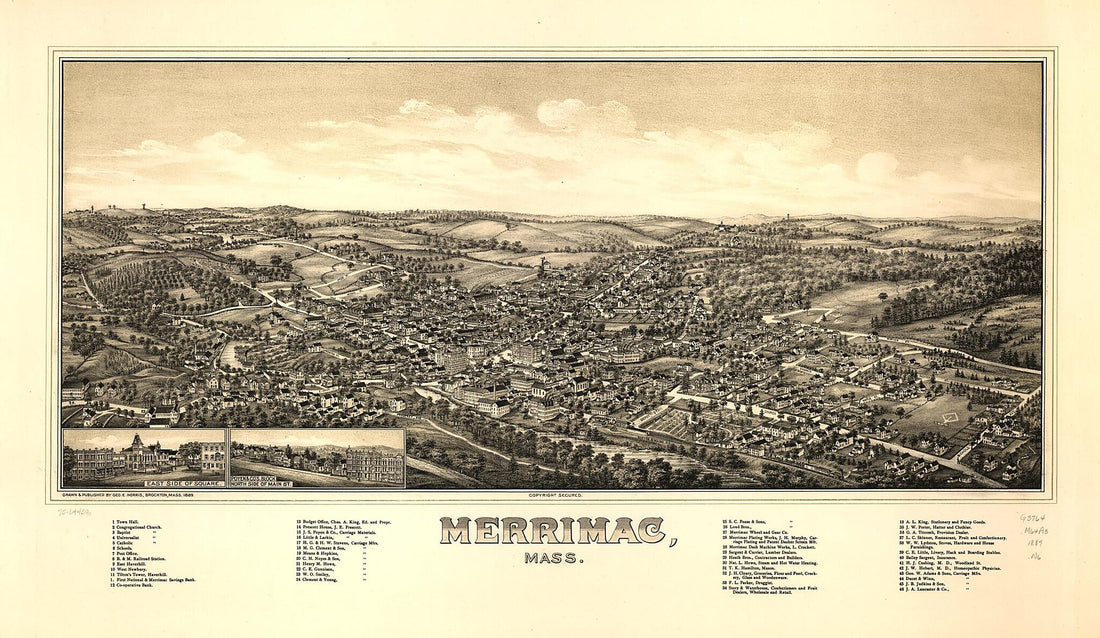 This old map of Merrimac, Massachusetts from 1889 was created by George E. Norris in 1889