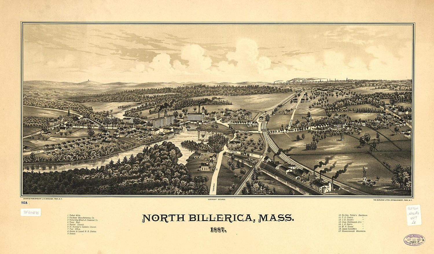 This old map of North Billerica, Massachusetts from 1887 was created by  Burleigh Litho, L. R. (Lucien R.) Burleigh in 1887