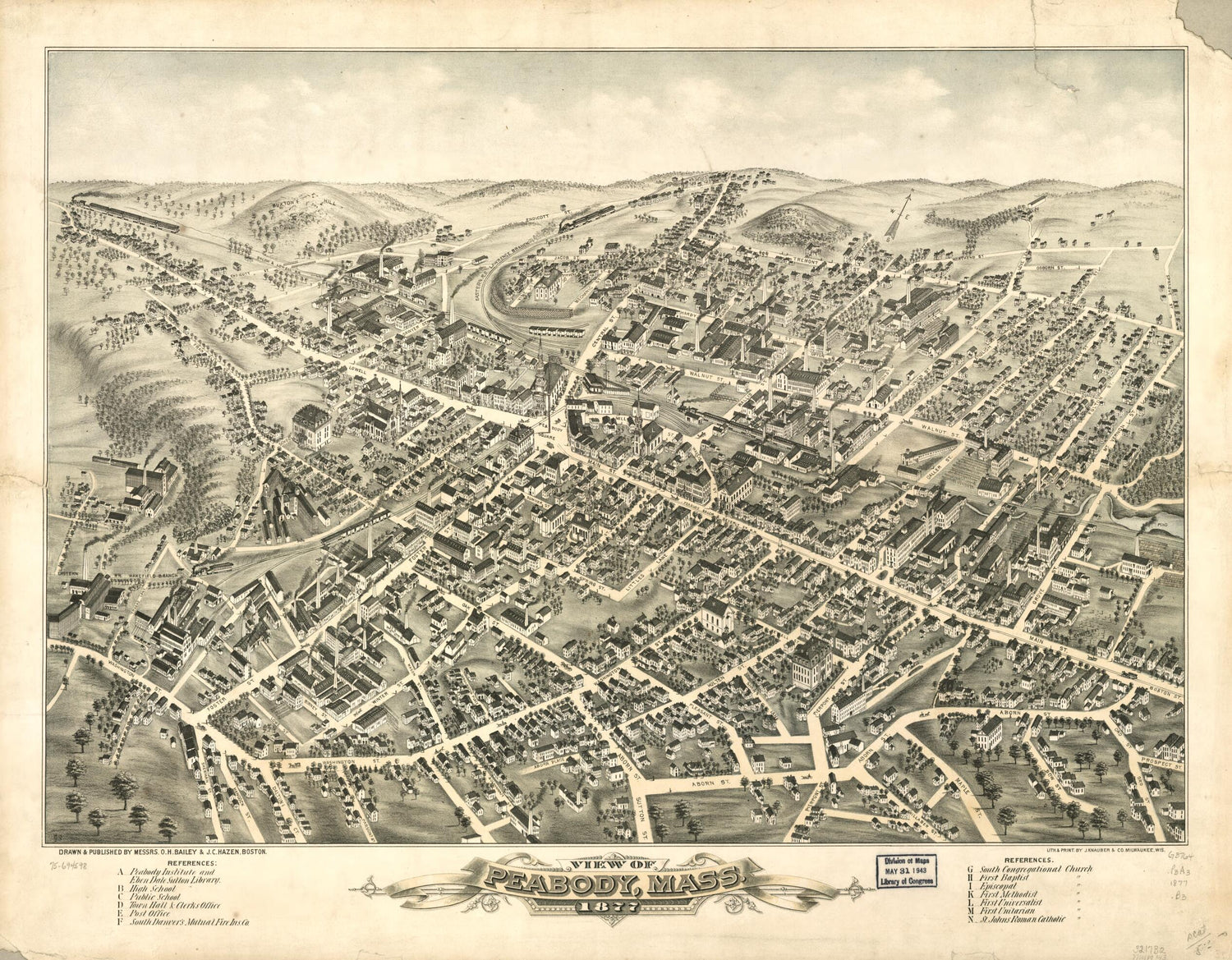 This old map of View of Peabody, Massachusetts from 1877 was created by O. H. (Oakley Hoopes) Bailey, J. C. Hazen,  J. Knauber &amp; Co in 1877