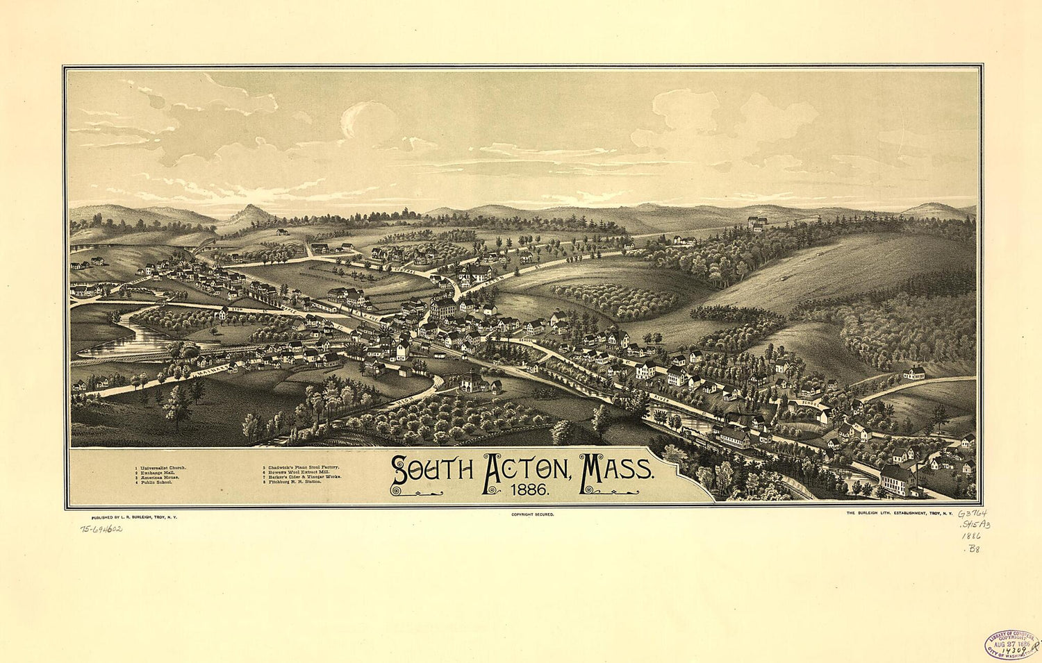 This old map of South Acton, Massachusetts from 1886 was created by  Burleigh Litho, L. R. (Lucien R.) Burleigh in 1886