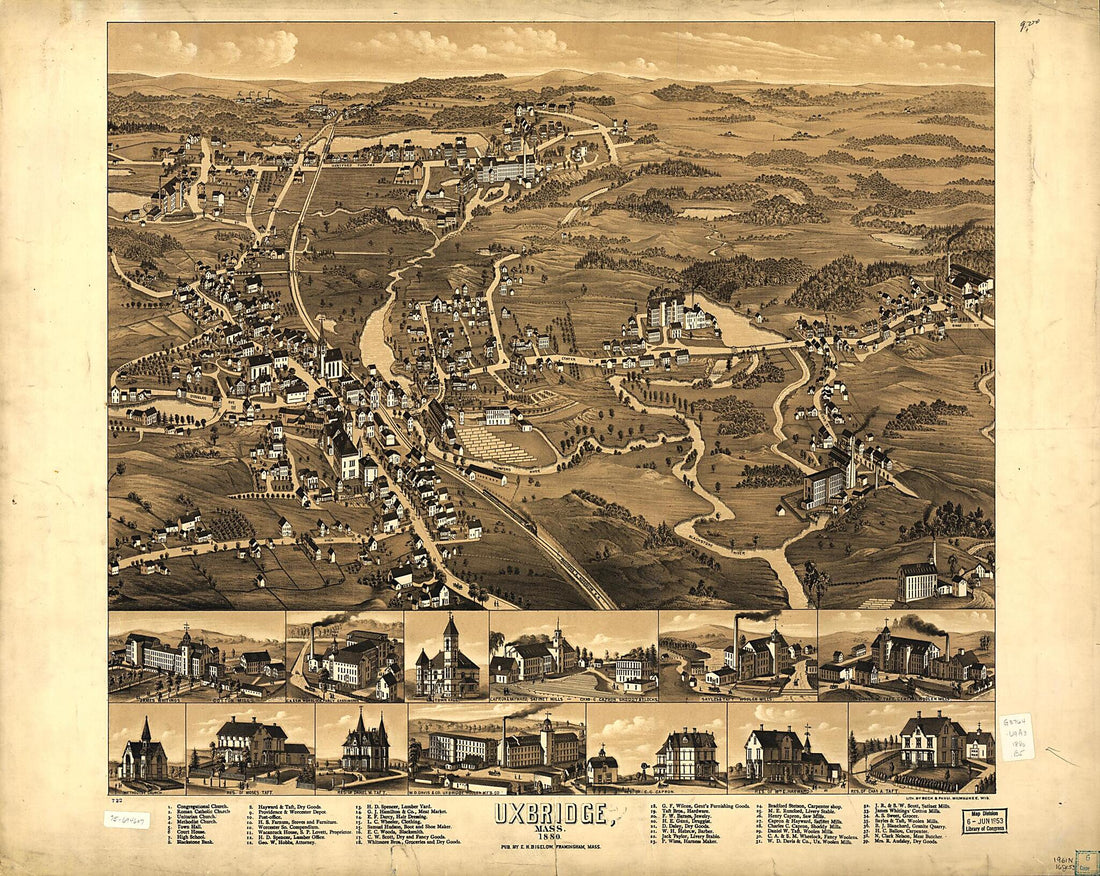 This old map of Uxbridge, Massachusetts from 1880 was created by  Beck &amp; Pauli, H. B. Bigelow in 1880