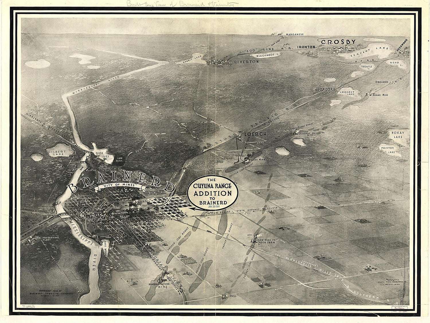 This old map of Brainerd, City of Mines. from 1914 was created by  Brainerd Townsite Company,  Engraving Co, Arthur G. McCoy in 1914