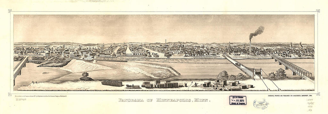 This old map of Panorama of Minneapolis, Minnesota from 1873 was created by August Hageboeck in 1873