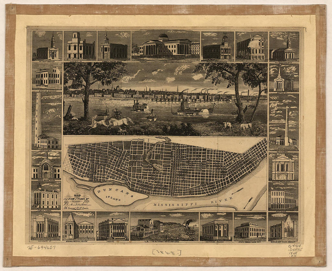 This old map of Map and View of St. Louis, Mo from 1848 was created by James M. Kershaw in 1848