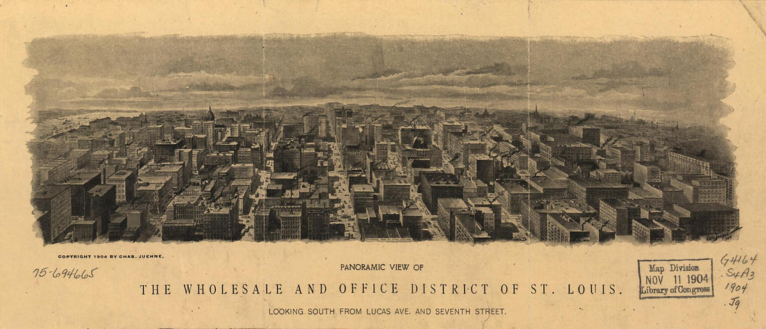This old map of Panoramic View of the Wholesale and Office District of St. Louis from 1904 was created by Charles Juehne in 1904